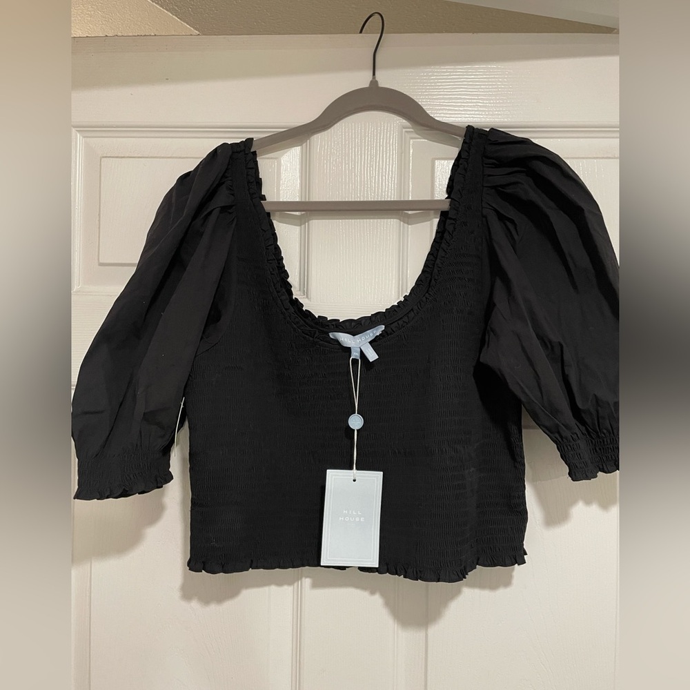 Hill House Black Puff Sleeve Smocked Aiko Crop Blouse